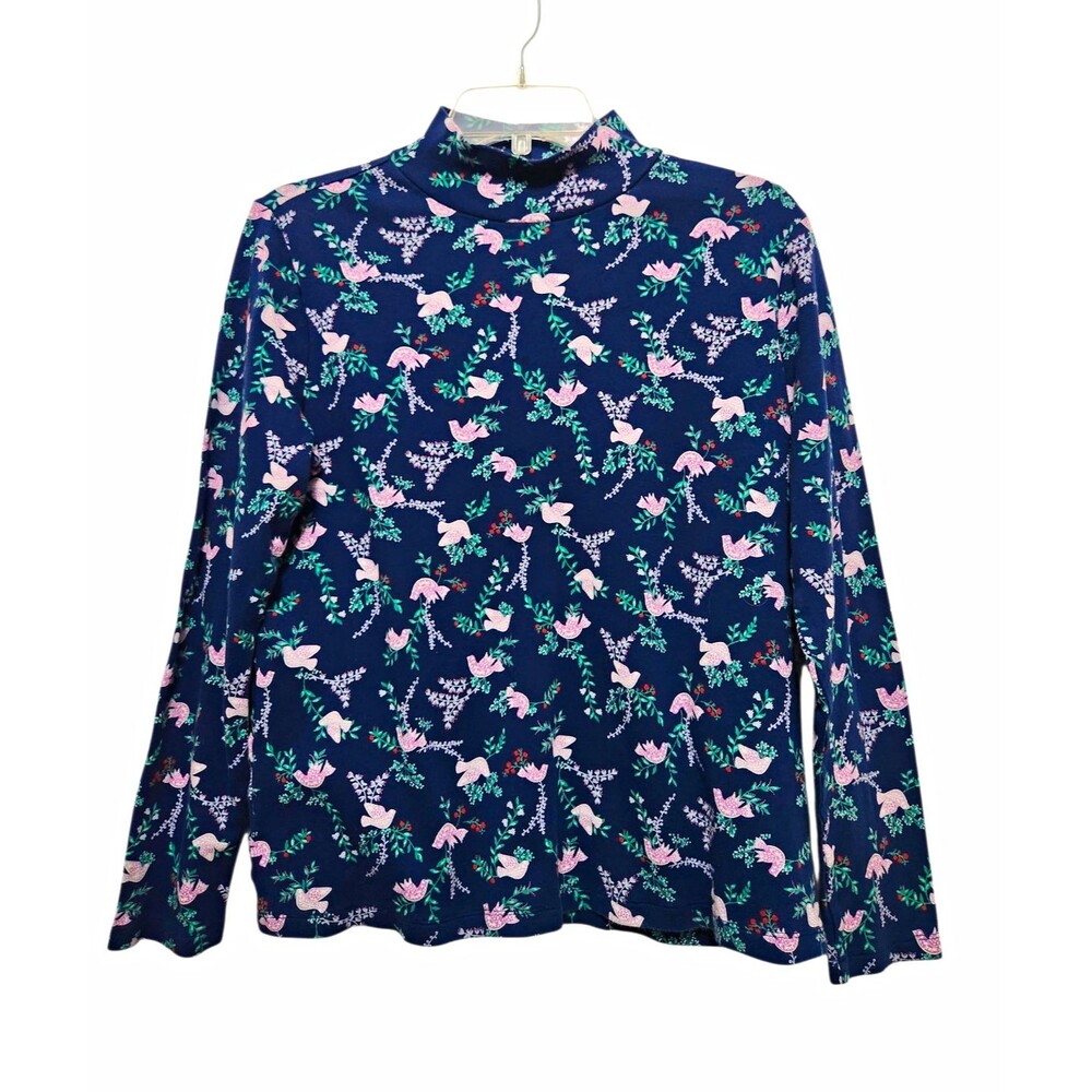 Croft & Barrow Womens Top L Holiday Doves Navy Mock Neck Knit Cotton Long Sleeve